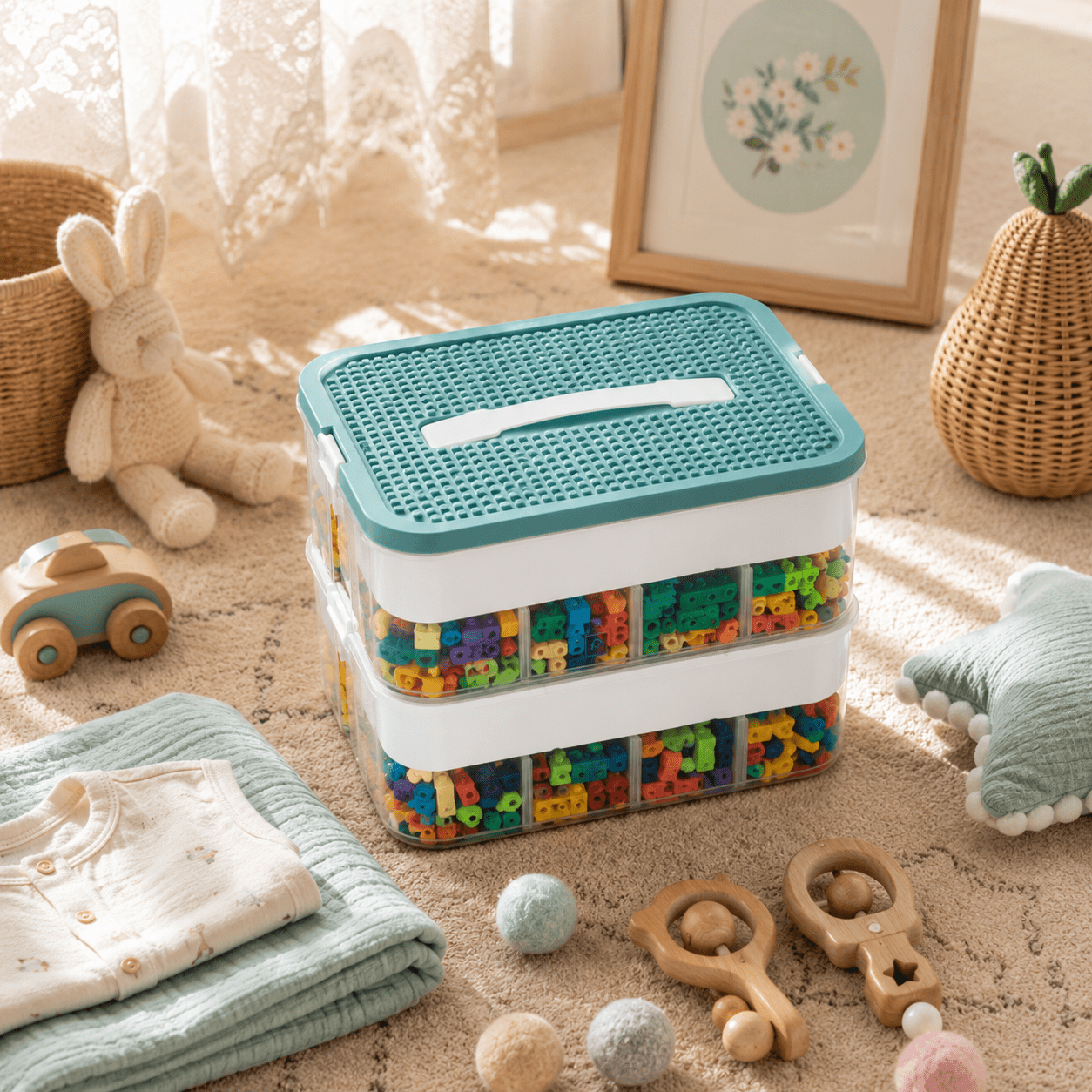 A stack of 2 translucent plastic toy storage bins with a teal lid sits on a beige rug in a styled nursery setting